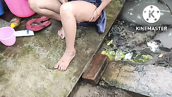 Mature Asian Lady Bathes Outdoors And Indulges In Self-Pleasure