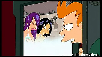 Trío De Dibujos Animados Con Amy, Leela Y Fry En La Ducha